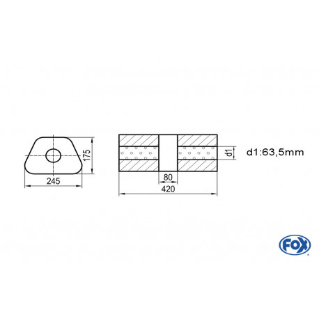 Uni-Schalldämpfer trapez ohne Stutzen mit Kammer - Abw. 711 245x175mm, d1Ø 63.5 mm, Länge: 420mm