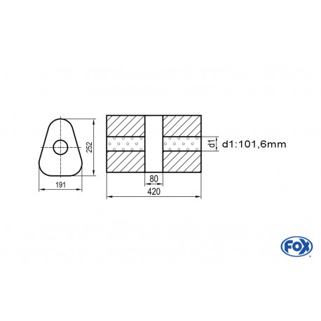 Uni-Schalldämpfer dreieck ohne Stutzen mit Kammer - Abw. 725 191x252mm, d1Ø 101,6mm, Länge: 420mm