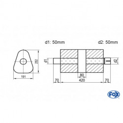 Uni-Schalldämpfer dreieck mit Kammer + Stutzen - Abw. 725 191x252mm, d1Ø 50mm (außen), d2Ø 50mm (innen), Länge: 420mm