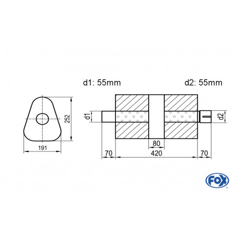 Uni-Schalldämpfer dreieck mit Kammer + Stutzen - Abw. 725 191x252mm, d1Ø 55mm (außen), d2Ø 55mm (innen), Länge: 420mm