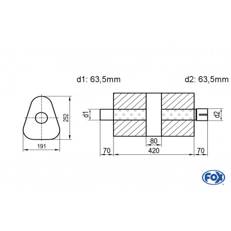 Uni-Schalldämpfer dreieck mit Kammer + Stutzen - Abw. 725 191x252mm, d1Ø 63.5 mm (außen), d2Ø 63.5 mm (innen), Länge: 420mm