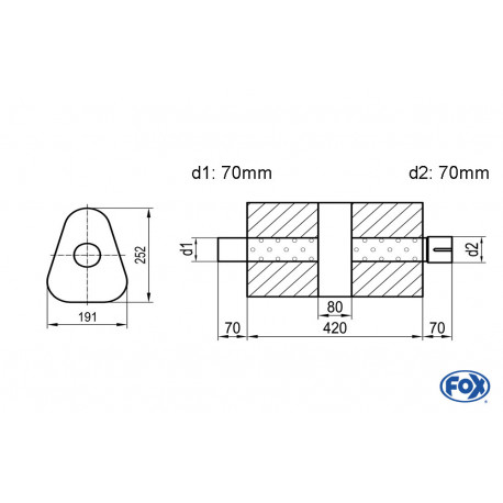 Uni-Schalldämpfer dreieck mit Kammer + Stutzen - Abw. 725 191x252mm, d1Ø 70mm (außen), d2Ø 70mm (innen), Länge: 420mm