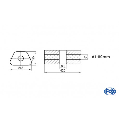 Uni-Schalldämpfer trapez ohne Stutzen mit Kammer - Abw. 711 245x175mm, d1Ø 80mm, Länge: 420mm