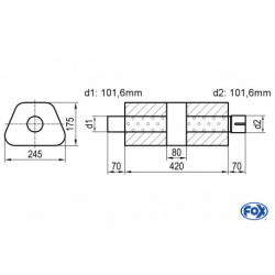 Uni-Schalldämpfer trapez mit Kammer + Stutzen - Abw. 711 245x175mm, d1Ø 101,6mm (außen), d2Ø 101,6mm (innen), Länge: 420mm