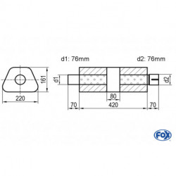 Uni-Schalldämpfer trapez mit Kammer + Stutzen - Abw. 644 220x161mm, d1Ø 76mm (außen), d2Ø 76mm (innen), Länge: 420mm