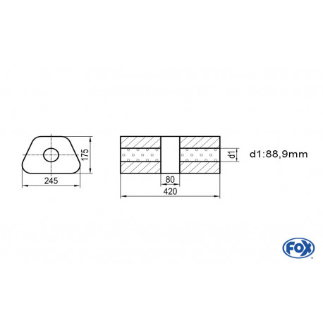 Uni-Schalldämpfer trapez ohne Stutzen mit Kammer - Abw. 711 245x175mm, d1Ø 88,9mm, Länge: 420mm