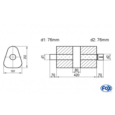 Uni-Schalldämpfer dreieck mit Kammer + Stutzen - Abw. 725 191x252mm, d1Ø 76mm (außen), d2Ø 76mm (innen), Länge: 420mm