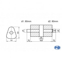 Uni-Schalldämpfer dreieck mit Kammer + Stutzen - Abw. 725 191x252mm, d1Ø 80mm (außen), d2Ø 80mm (innen), Länge: 420mm