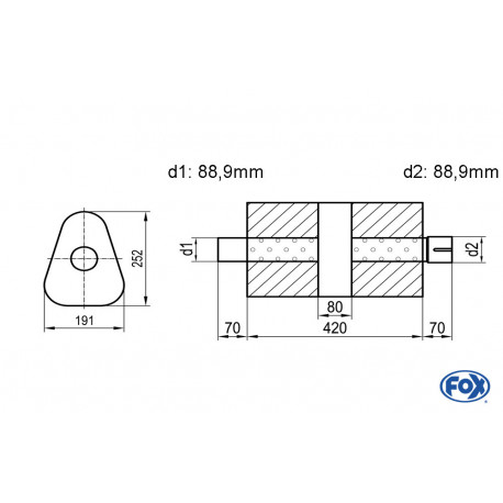 Uni-Schalldämpfer dreieck mit Kammer + Stutzen - Abw. 725 191x252mm, d1Ø 88,9mm (außen), d2Ø 88,9mm (innen), Länge: 420mm