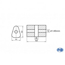 Uni-Schalldämpfer dreieck ohne Stutzen mit Kammer - Abw. 725 191x252mm, d1Ø 45mm, Länge: 420mm