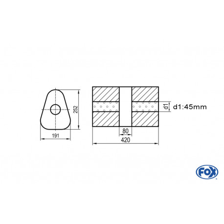 Uni-Schalldämpfer dreieck ohne Stutzen mit Kammer - Abw. 725 191x252mm, d1Ø 45mm, Länge: 420mm