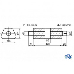 Uni-Schalldämpfer trapez mit Kammer + Stutzen - Abw. 644 220x161mm, d1Ø 63.5 mm (außen), d2Ø 63.5 mm (innen), Länge: 420mm