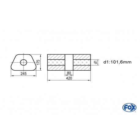 Uni-Schalldämpfer trapez ohne Stutzen mit Kammer - Abw. 711 245x175mm, d1Ø 101,6mm, Länge: 420mm