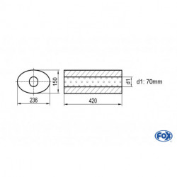 Uni-Schalldämpfer oval ohne Stutzen - Abwicklung 618 236x150mm, d1Ø 70mm, Länge: 420mm