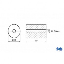 Uni-Schalldämpfer rund ohne Stutzen - Abwicklung 784 Ø 250mm, d1: 76mm, Länge: 420mm -Ø 250mm