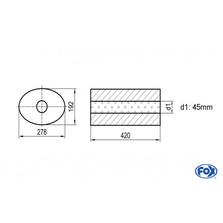 Uni-Schalldämpfer oval ohne Stutzen - Abwicklung 754 278x192mm, d1Ø 45mm, Länge: 420mm