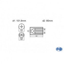 Uni-Schalldämpfer rund zweiflutig mit Hose - Abwicklung 784 Ø 250mm, d1: 101,6mm, d2: 80mm innen - Länge: 420mm -Ø 250mm