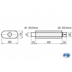 Uni-Schalldämpfer oval mit Stutzen - Abwicklung 650 262x116mm, d1Ø 63.5 mm d2Ø 64mm, Länge: 420mm