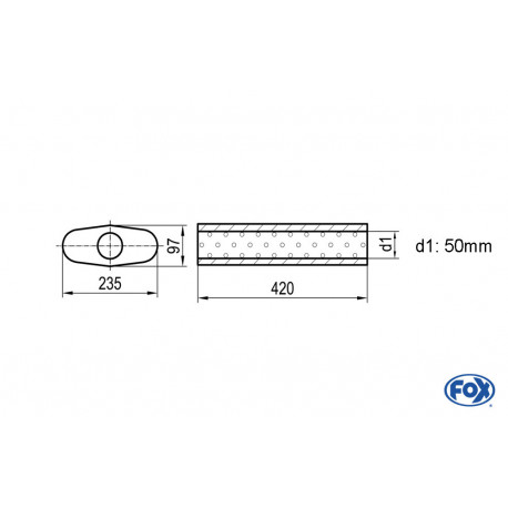 Uni-Schalldämpfer oval ohne Stutzen - Abwicklung 558 235x97mm, d1Ø 50mm, Länge: 420mm