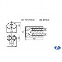 Uni-Schalldämpfer oval zweiflutig mit Hose - Abwicklung 618 236x150mm, d1Ø 101,6mm außen - d2Ø 2x80mm außen, Länge: 420mm