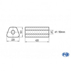 Uni-Schalldämpfer Trapezoid ohne Stutzen - Abwicklung 644 220x161mm, d1Ø 50mm, Länge: 420mm