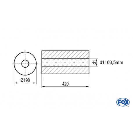 Uni-Schalldämpfer rund ohne Stutzen - Abwicklung 626 Ø 198mm, d1Ø 55mm, Länge: 420mm -Ø 198mm