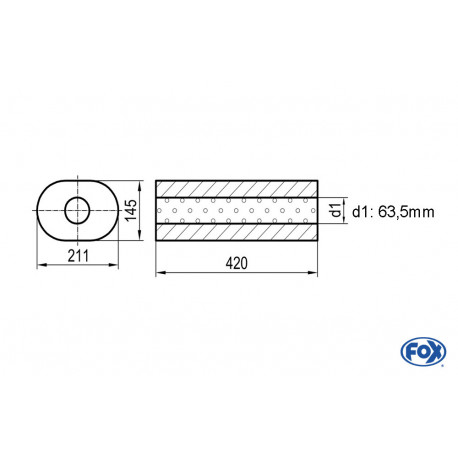 Uni-Schalldämpfer oval ohne Stutzen - Abwicklung 585 211x145mm, d1Ø 63.5 mm, Länge: 420mm