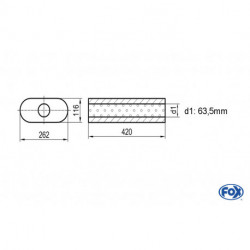 Uni-Schalldämpfer oval ohne Stutzen - Abwicklung 650 262x116mm, d1Ø 63.5 mm, Länge: 420mm