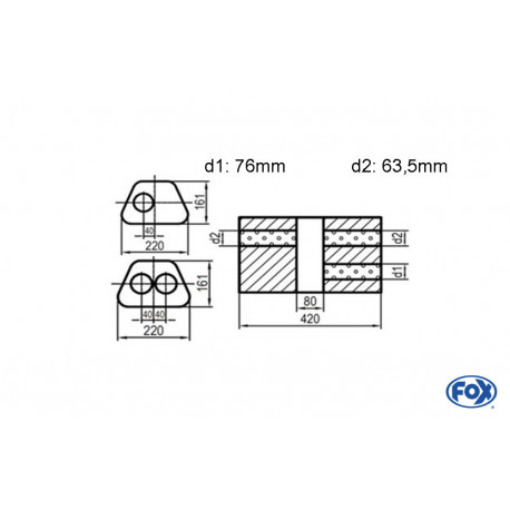 Uni-Schalldämpfer Trapezoid zweiflutig mit Kammer - Abw. 644 220x161mm, d1Ø 76mm d2Ø 63.5 mm, Länge: 420mm - Variante 1