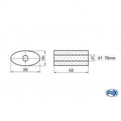 Uni-Schalldämpfer oval ohne Stutzen - Abwicklung 818 356x160mm, d1Ø 76mm, Länge: 420mm