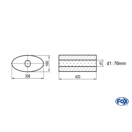 Uni-Schalldämpfer oval ohne Stutzen - Abwicklung 818 356x160mm, d1Ø 76mm, Länge: 420mm