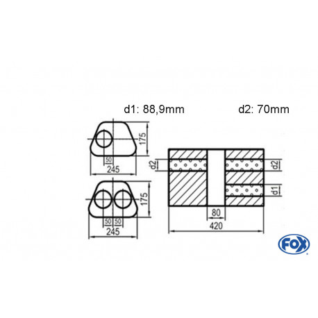 Uni-Schalldämpfer Trapezoid zweiflutig mit Kammer - Abw. 711 245x175mm, d1Ø 88,9mm d2Ø 70mm, Länge: 420mm - Variante 1