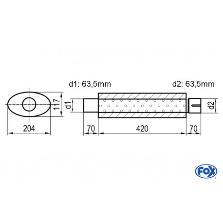 Uni-Schalldämpfer oval mit Stutzen - Abwicklung 525 204x117mm, d1Ø 63.5 mm d2Ø 64mm, Länge: 420mm