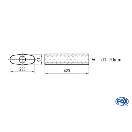 Uni-Schalldämpfer oval ohne Stutzen - Abwicklung 558 235x97mm, d1Ø 70mm, Länge: 420mm