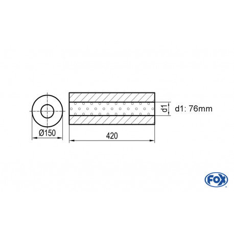 Uni-Schalldämpfer rund ohne Stutzen - Abwicklung 466 Ø 150mm, d1Ø 76mm -, Länge: 420mm