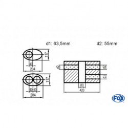 Uni-Schalldämpfer oval zweiflutig mit Kammer -Abwicklung 525 204x117mm, d1Ø 63.5 mm d2Ø 55mm, Länge: 420mm - Variante 1