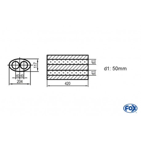 Uni-Schalldämpfer oval zweiflutig - Abwicklung 525 204x117mm, d1Ø 50mm, Länge: 420mm