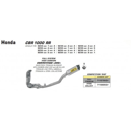 Arrow Komplettanlage Competition "EVO" Racing Race-Tech Titan Carbon Endkappe Titan Krümmer und Verbindungsrohr HONDA CBR 1000 R