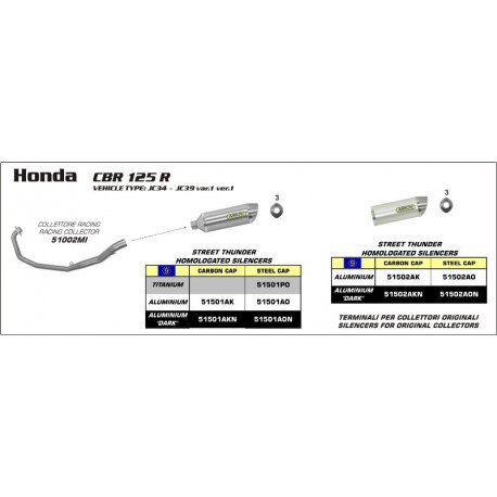 Arrow Endschalldämpfer Street Thunder Aluminium Edelstahl-Endkappe HONDA CBR 125 R 51501AO