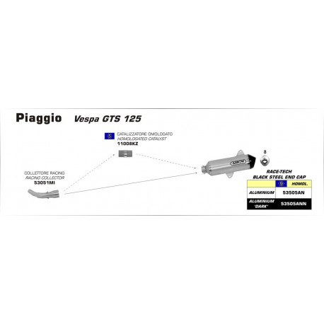 Arrow Endschalldämpfer Race-Tech Aluminium mit Schwarzer Endkappe PIAGGIO Vespa GTS 125 53505AN